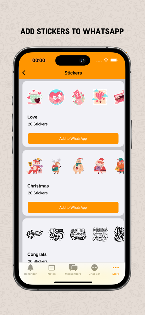 Dual Messenger+ - A mobile app screen titled Stickers showing categories like Love, Christmas, and Congrats with buttons to add them to WhatsApp.