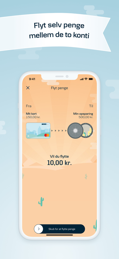 Mobile app screen showing a child transferring money between a debit card and a savings account