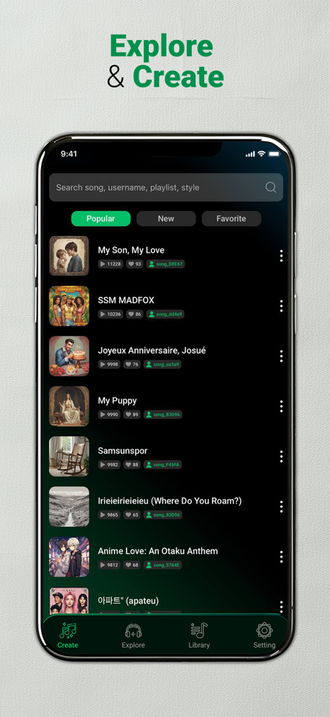 AI Music Song Generator: Sonu - Interface of the Sonu AI Music Generator app showing a list of popular user-created songs in the Explore section