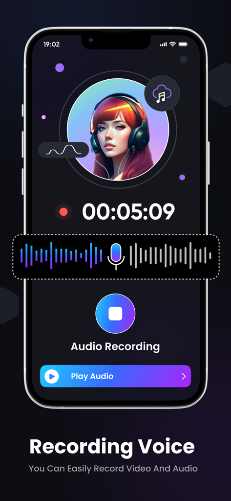 An iPhone screen displaying a voice recording interface with a digital audio waveform and a circular profile of a woman with headphones.