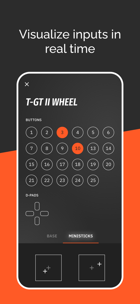My Thrustmaster - Visualisation des entrées en temps réel pour le volant T-GT II montrant l'état des boutons et des sticks