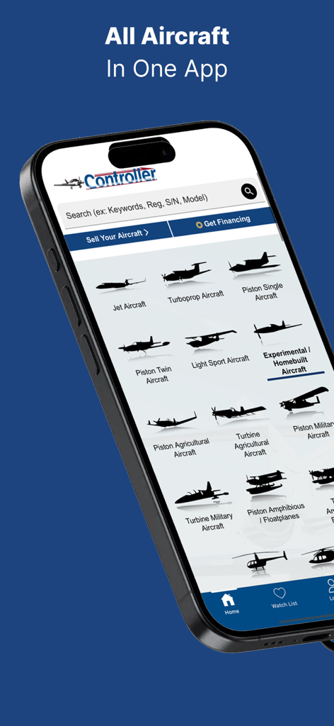 Controller: Aircraft for Sale - Tela de smartphone exibindo categorias de aeronaves no aplicativo Controller