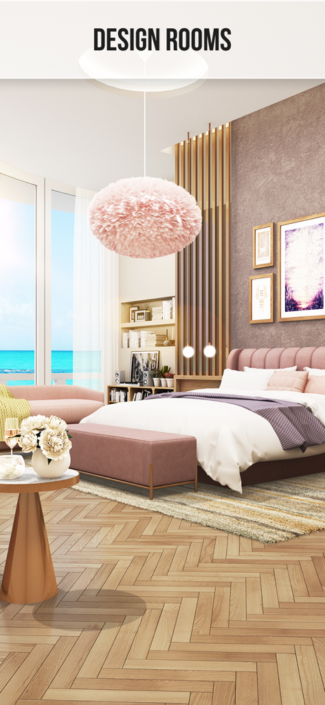 Home Design : Paradise Life - A stylish pink bedroom with a fluffy lamp and a large window overlooking a tropical turquoise ocean