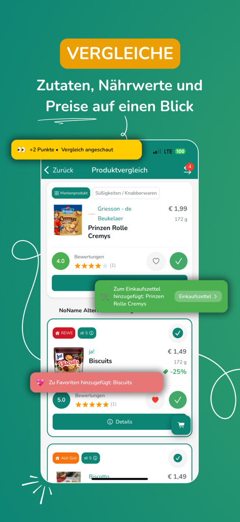 Ein mobiler Bildschirm, der einen Preis- und Qualitätsvergleich zwischen einer Nischenmarke und ihrem generischen Äquivalent im Geschäft zeigt.
