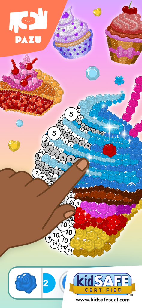 Color by number games for kids - A child coloring a cupcake by number in a safe and educational mobile app for kids
