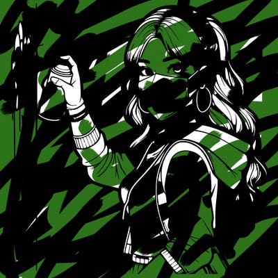 realistic girl with mask spray painting a wall