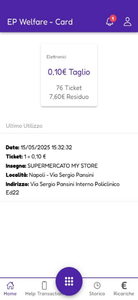 EP Welfare - Schermata dell'app mobile EP Welfare che mostra il saldo dei buoni pasto elettronici e le informazioni sull'ultima transazione.