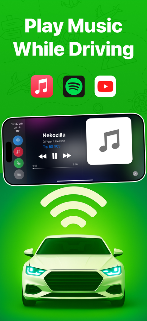 Car Play Connect app interface showing music controls and compatibility with Spotify Apple Music and YouTube Music while driving