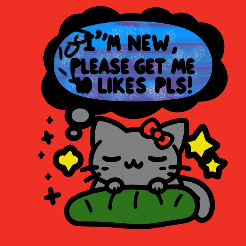 kitty taking a nap dream talking and saying "i'm new, please get me at least 10 likes pls!!"