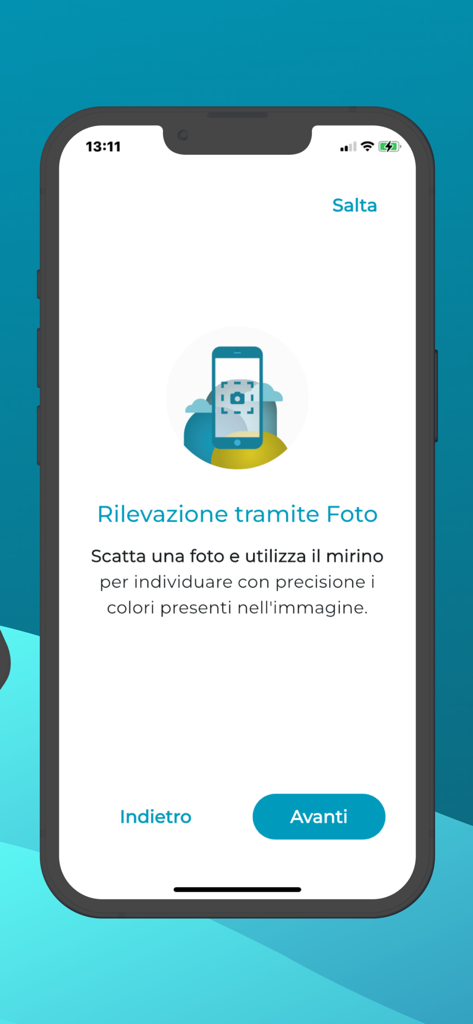 Onboarding screen of the Daltonic Color Finder app explaining how to identify colors by taking a photo.