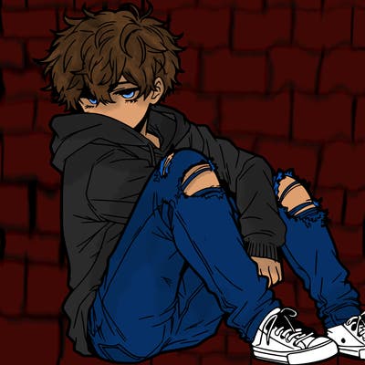 a male hoddie ripped jeans messy hair anime