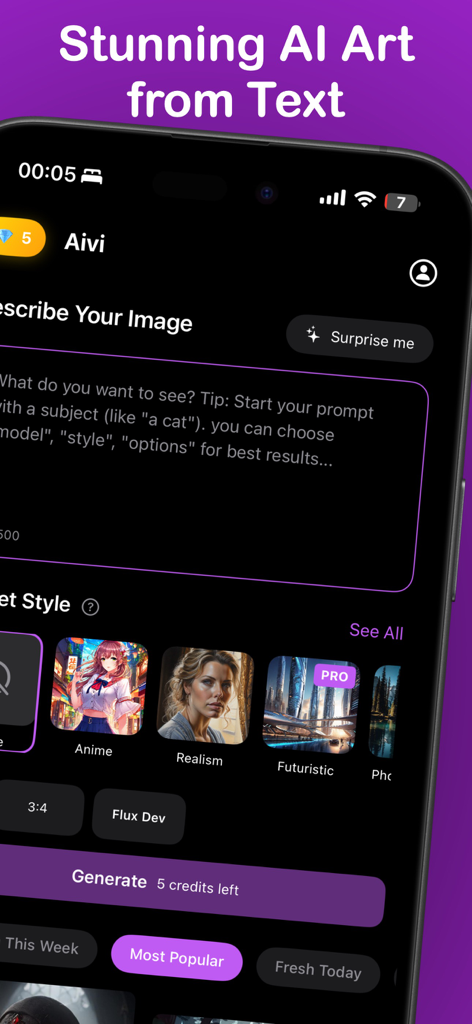 Aivi: Ai Art & Photo Generator - Mobile app interface for Aivi AI art generator showing text to image prompt and artistic styles like anime and realism