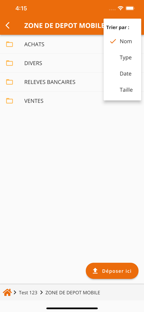 Mobile deposit screen of AGCGE accounting app showing folders for purchases and bank statements with a sort menu.