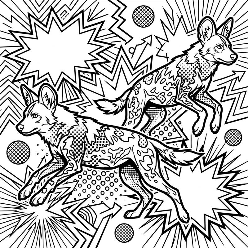 Unleash your artistic flair with this dynamic African Wild Dogs coloring page, bursting with vibrant Pop Art energy. This unique design combines the raw beauty of wildlife with bold comic-book aesthetics for an unforgettable creative experience.