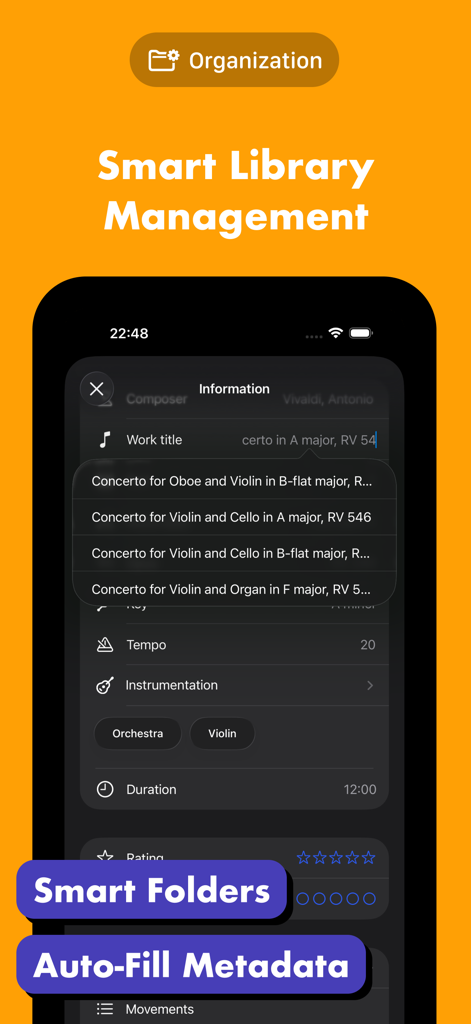 Interfaz de la aplicación digitalScore mostrando gestión inteligente de biblioteca y funciones de autocompletado de metadatos para organizar partituras.