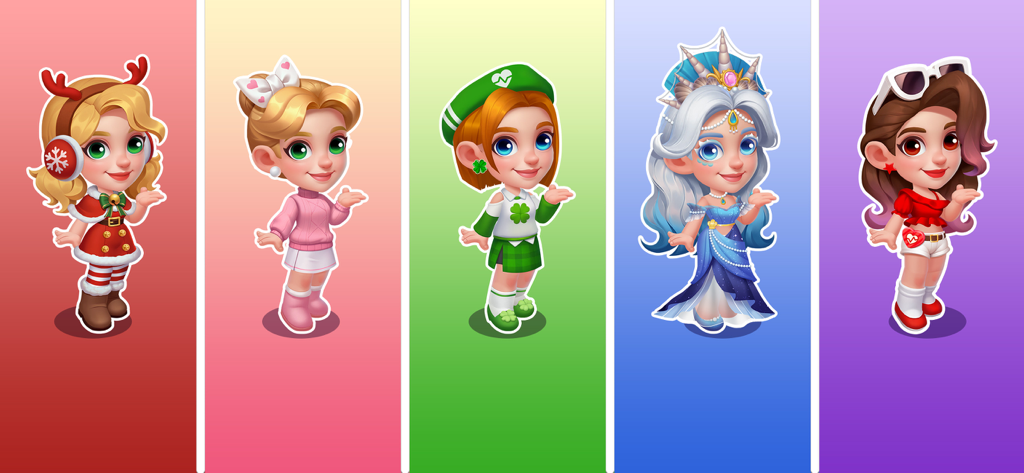Hospital Madness: Clinic Games - Five cartoon female characters wearing different themed outfits such as Christmas and mermaid styles on colorful backgrounds.