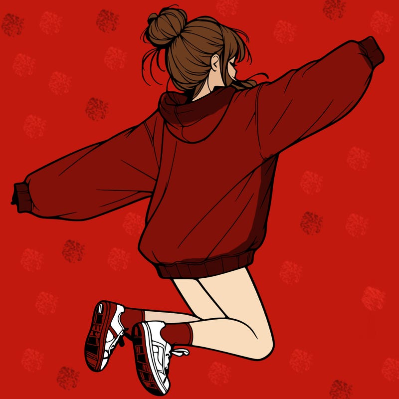 realistic girl jumping with a bun and oversized sweatshirt