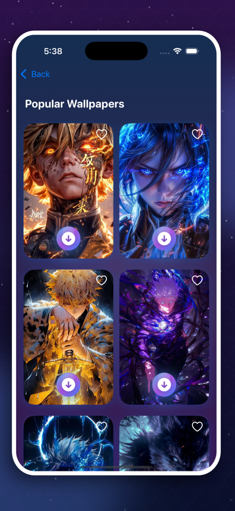 Una galería de fondos de pantalla de anime 4K populares con arte de personajes de alta definición en una interfaz de aplicación móvil