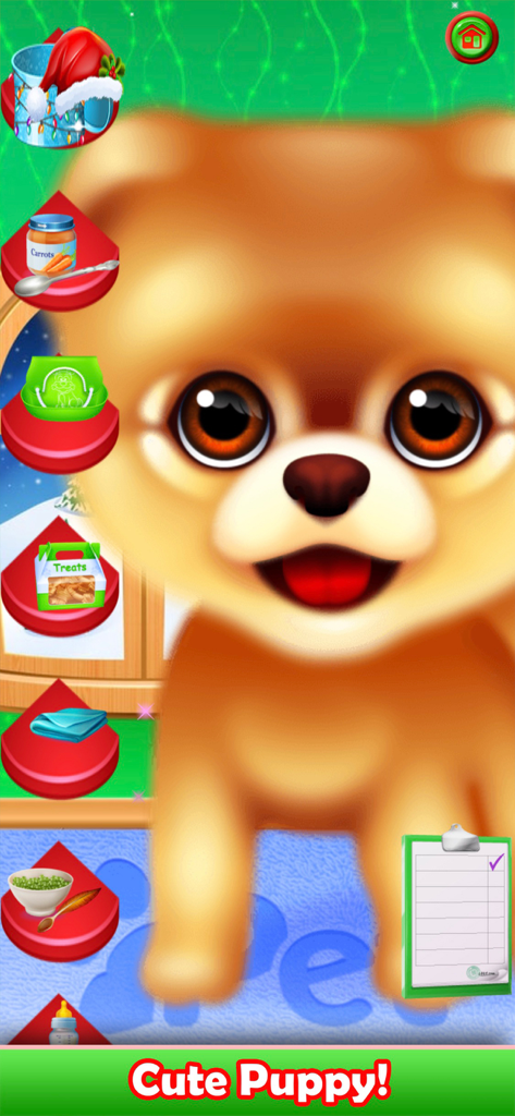 Pet Puppy Nursery Time - Filhote de Pomerânia marrom fofo na interface do jogo móvel Pet Puppy Nursery Time com ícones de cuidado e alimentação.