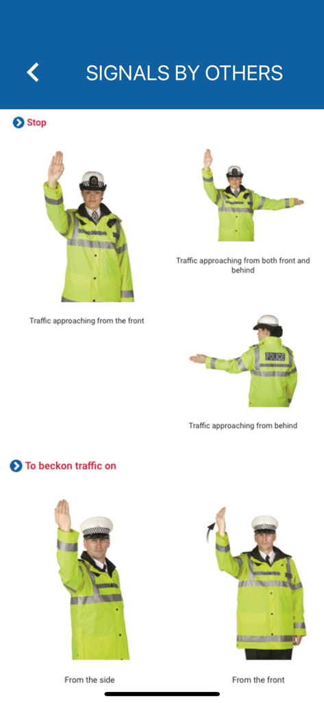 Turks & Caicos Driving Theory - Diagram of police officer hand signals for traffic control in the Turks and Caicos driving theory app