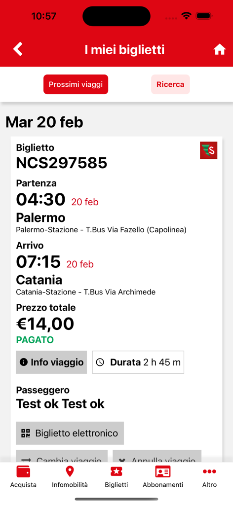 Sais Autolinee - Biglietto dell'autobus digitale da Palermo a Catania visualizzato sull'app mobile Sais Autolinee