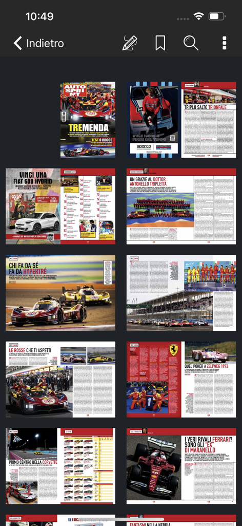Ein Raster digitaler Magazinseiten in der Autosprint plus App, das verschiedene Motorsport- und Rennartikel zeigt