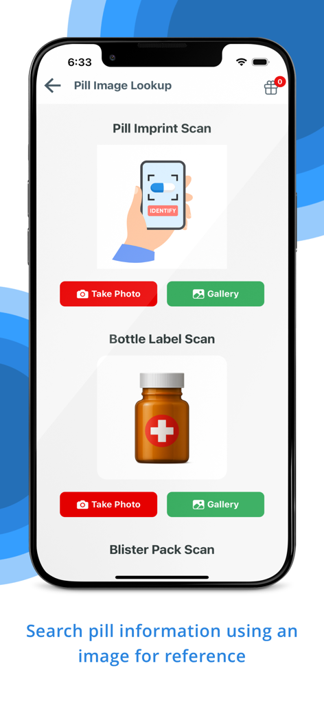 Pill Identifier & Drug Search - Pill Image Lookup screen showing options for scanning pill imprints, bottle labels, and blister packs using a phone camera.