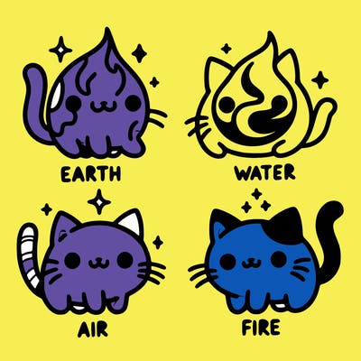 4 cats that represent the different elements, earth, water, air, and fire