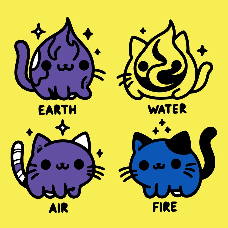 4 cats that represent the different elements, earth, water, air, and fire