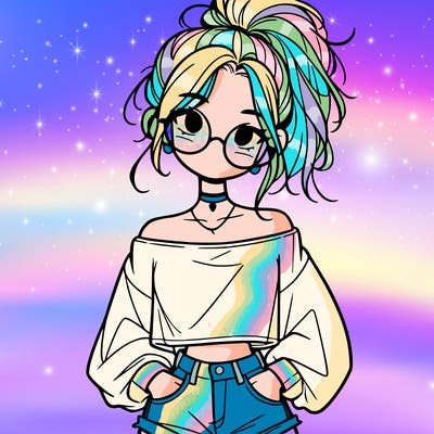 girl with a messy ponytail glasses a baggy crop top and jean shorts