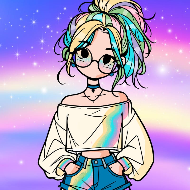 girl with a messy ponytail glasses a baggy crop top and jean shorts