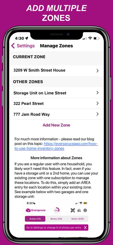 Everspruce app screenshot showing the Manage Zones screen for organizing inventory across multiple locations and storage units
