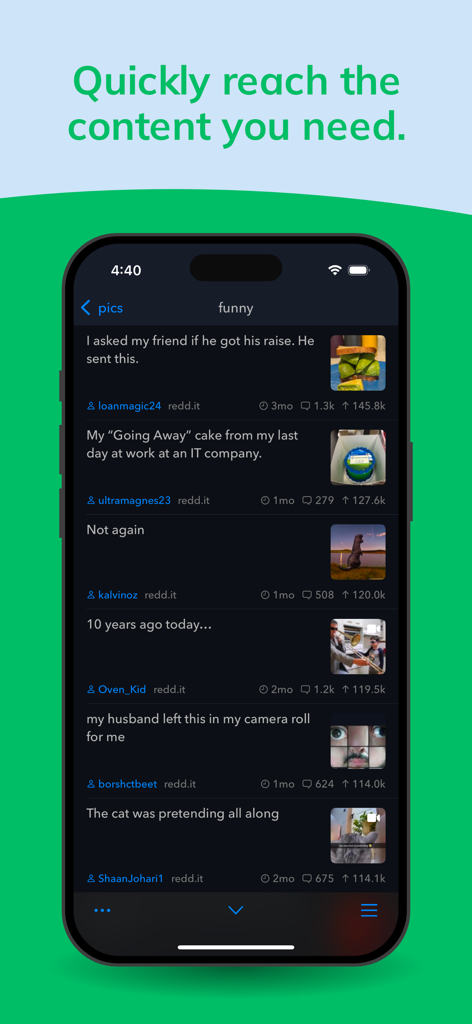 Narwhal for Reddit app interface showing a dark mode feed of posts with thumbnails and engagement metrics