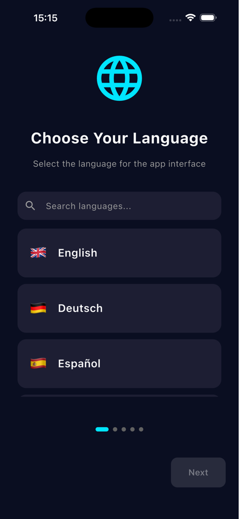 Word Explainer - Language selection screen for the Word Explainer app featuring English German and Spanish.