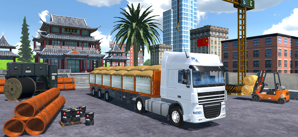 A white semi truck with a loaded trailer parked in a city environment featuring a Chinese temple and modern skyscrapers.