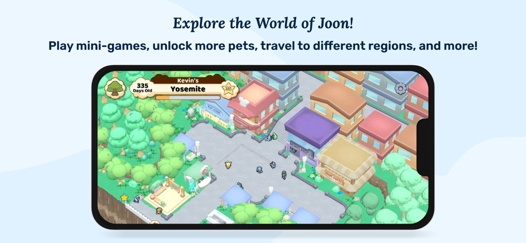 Exploration screen in Joon Pet Game showing a virtual town with shops and pets