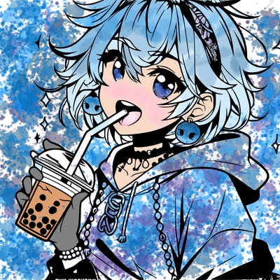 hot baddie anime girl drinking boba and biting the straw