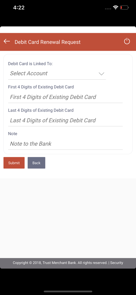 Interface de l'application mobile TMB NetBank montrant un formulaire de demande de renouvellement de carte de débit avec les champs numéro de compte et numéro de carte