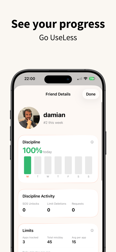 Useless - Screen Time Control - Friend details screen in Useless app showing 100 percent discipline score and screen time activity stats for a user named Damian