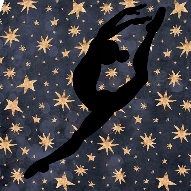 gymnast doing a leap in a leotard with a bent back leg