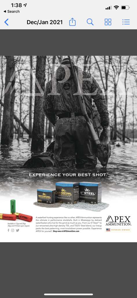 Wildfowl Magazine - Digital magazine page from Wildfowl Magazine featuring an Apex Ammunition advertisement with a waterfowl hunter in a flooded forest.
