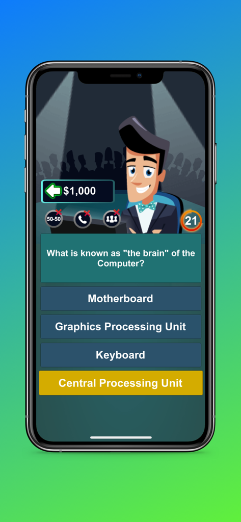 Screenshot of Millionaire Quiz game showing a multiple choice question about computer hardware with a cartoon host