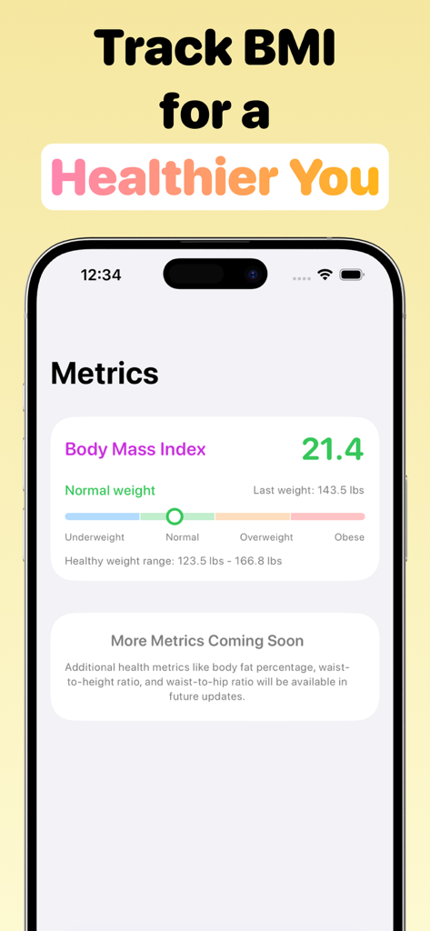 My Body Measurement Tracker - A smartphone screen displaying the BMI metrics dashboard with a healthy weight status and range scale.