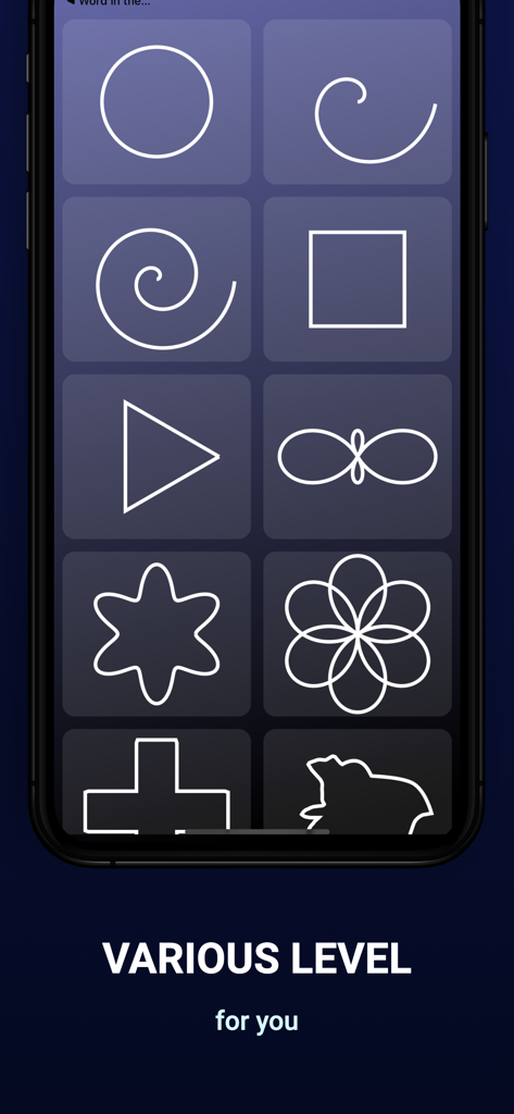 Point Paint - Draw Challenge - A mobile game screen showing a grid of different geometric and abstract shapes representing various levels in Point Paint