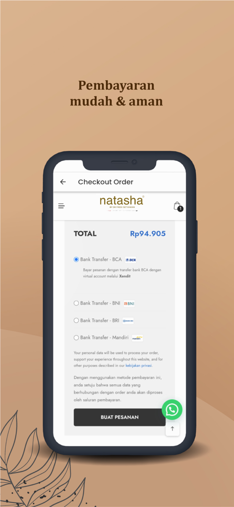 Checkout screen of the Natasha Skincare app with secure payment options.