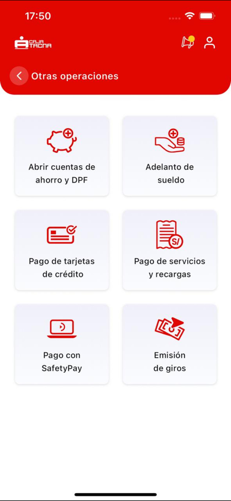 給与前払い、公共料金支払い、送金などのさまざまな金融オプションが表示されるカハ・タクナモバイルアプリのインターフェース