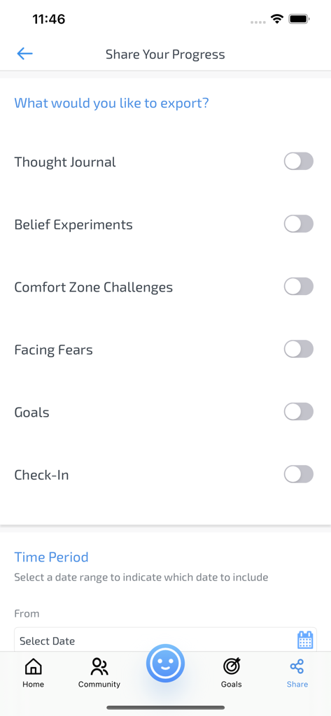 MindShift CBT app screen for sharing progress and exporting journal or goal data