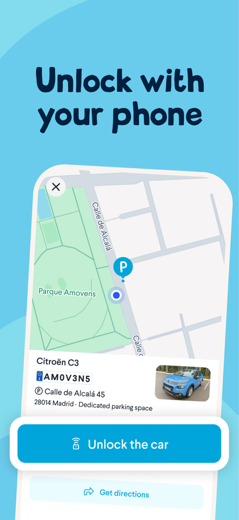 Amovens mobile App-Oberfläche, die einen Kartenstandort und eine Schaltfläche zum Entsperren eines Mietwagens per Smartphone anzeigt