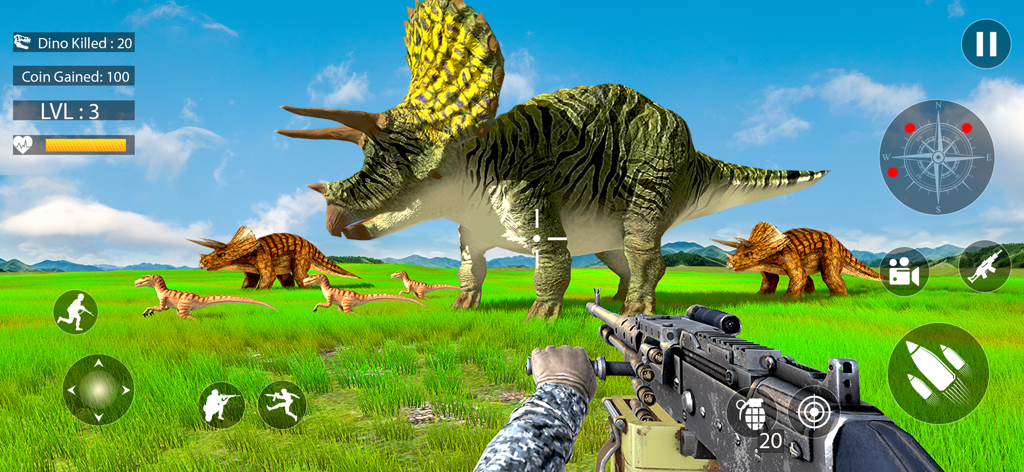 Dino hunter Deadly Monster - First person perspective of a player aiming a machine gun at a triceratops in a grassy field