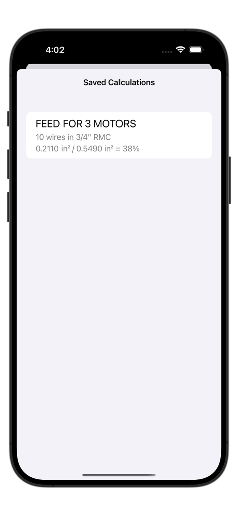 Pipe N Wire app screen showing saved electrical conduit fill calculations